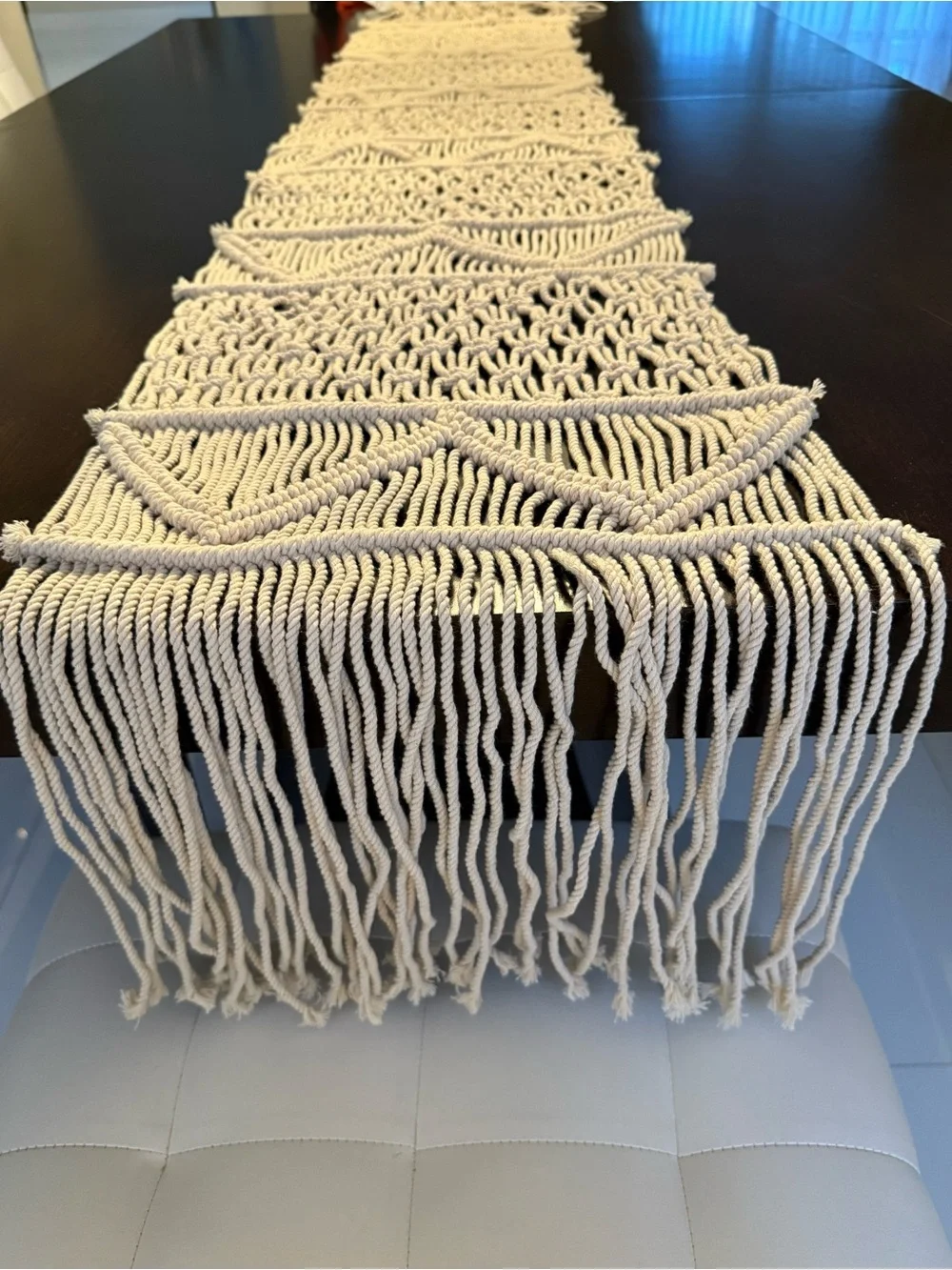 Handwoven Macramé Table Runner Boho Fringe Cotton Linen Natural Cream Rope Spain